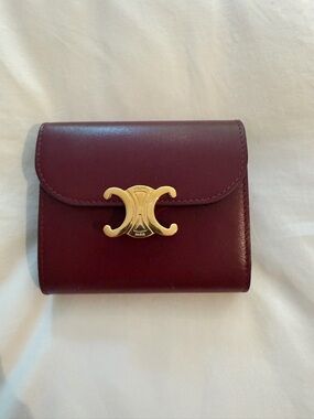 Celine Triomphe Compact Wallet - Burgundy with Gold Hardware